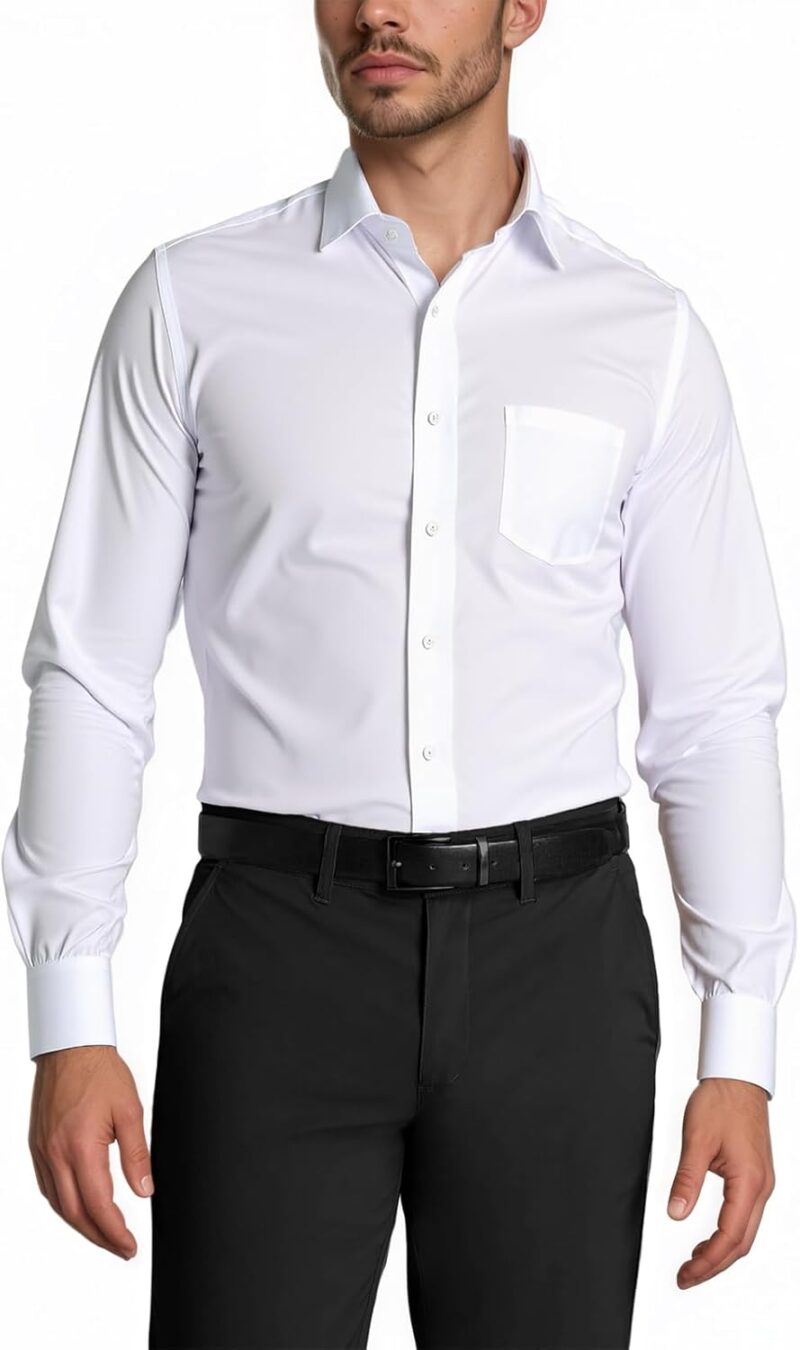 Mens Dress Shirts Long Sleeve Collared Stretch Solid Formal Wedding Dating Business Casual Button Down Shirt Pocket