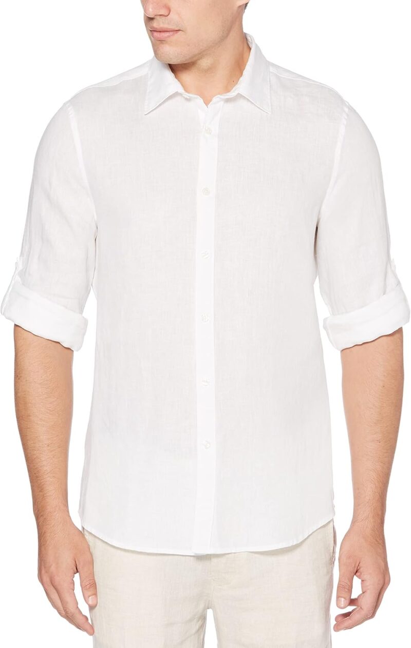 Men Roll Sleeve 100% Linen Button-Down Shirt (Size X-Small - 5X )