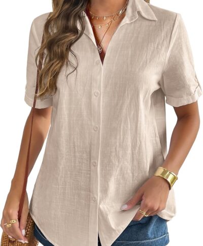 Linen V-Neck Short-Sleeve Shirt — Rolled-Cuff Design | Casual Cotton Top for Summer & Beach